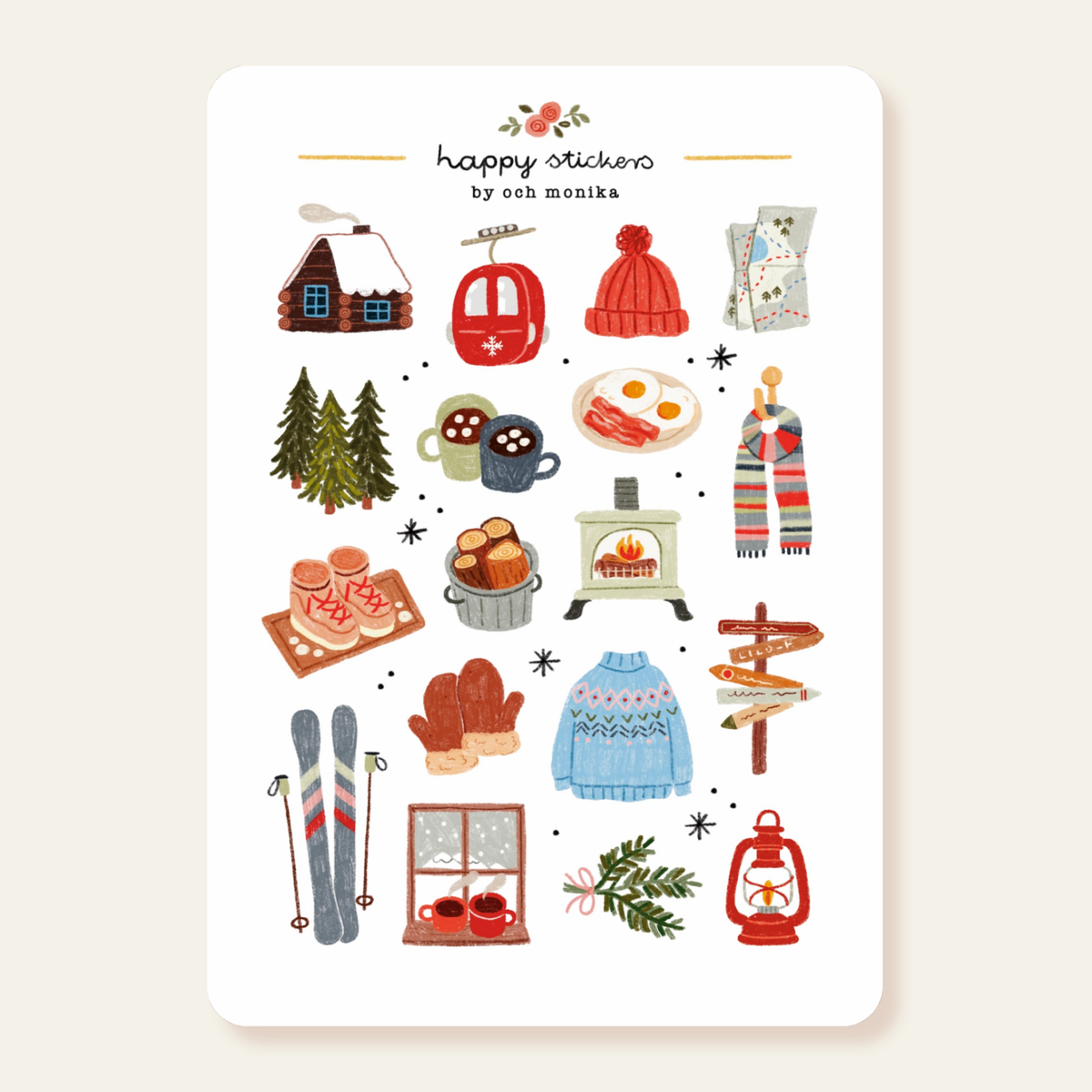 Winter sticker sheet featuring cabin, trees, red lantern, skis, sweater, and food icons