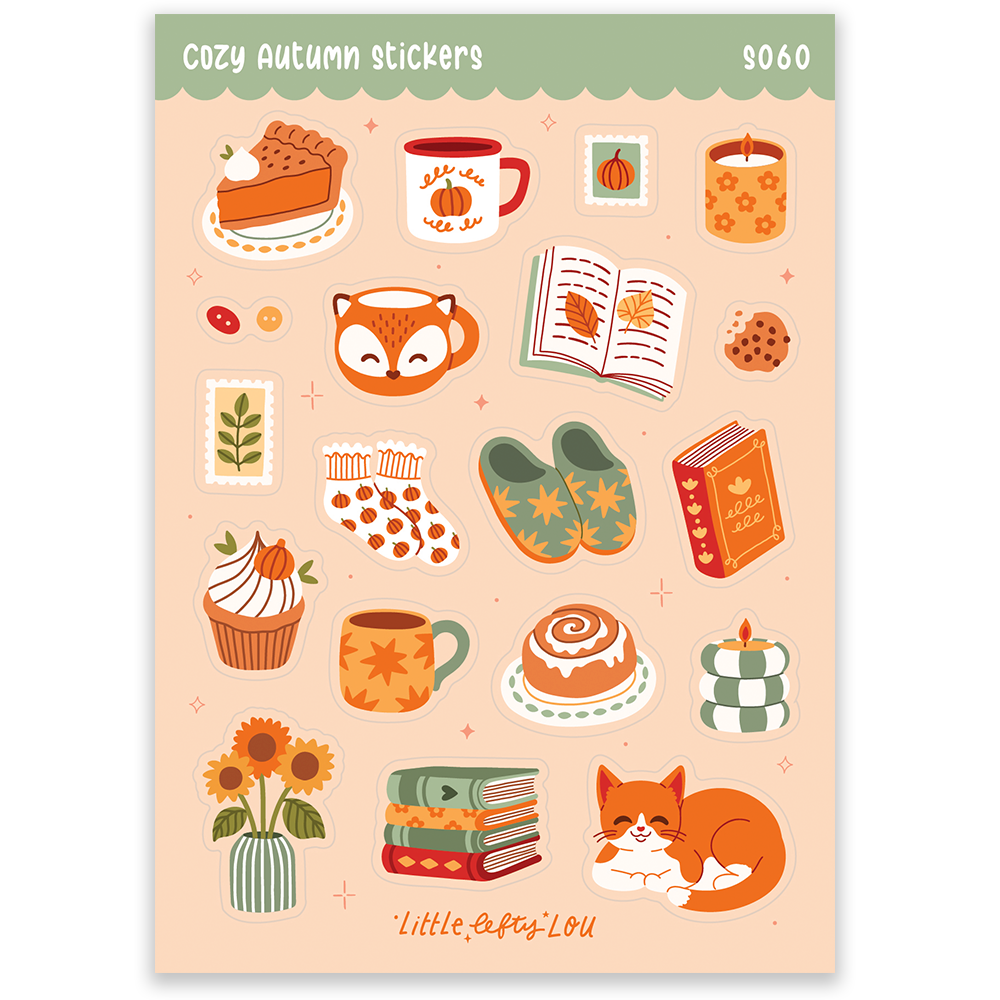 A6 waterproof sticker sheet with cozy autumn icons: pie, tea, leaves, open book, cat