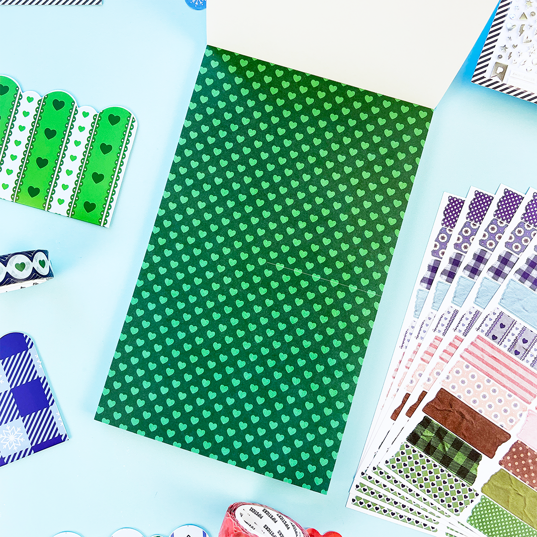 Junk journal sticker book sheet with green heart-pattern stickers