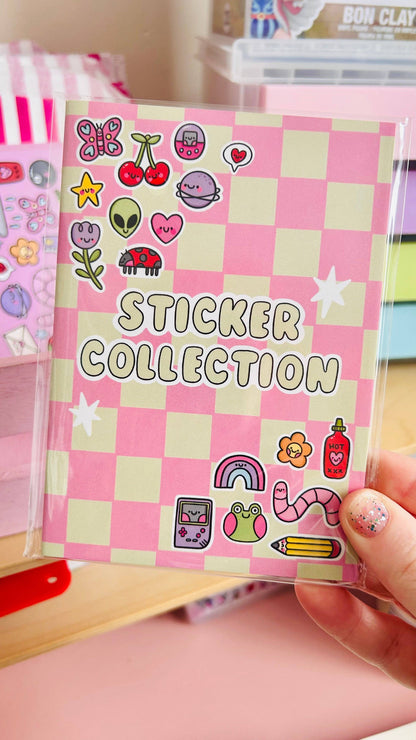 Pink and green A6 reusable sticker book with checked cover and cartoon icons