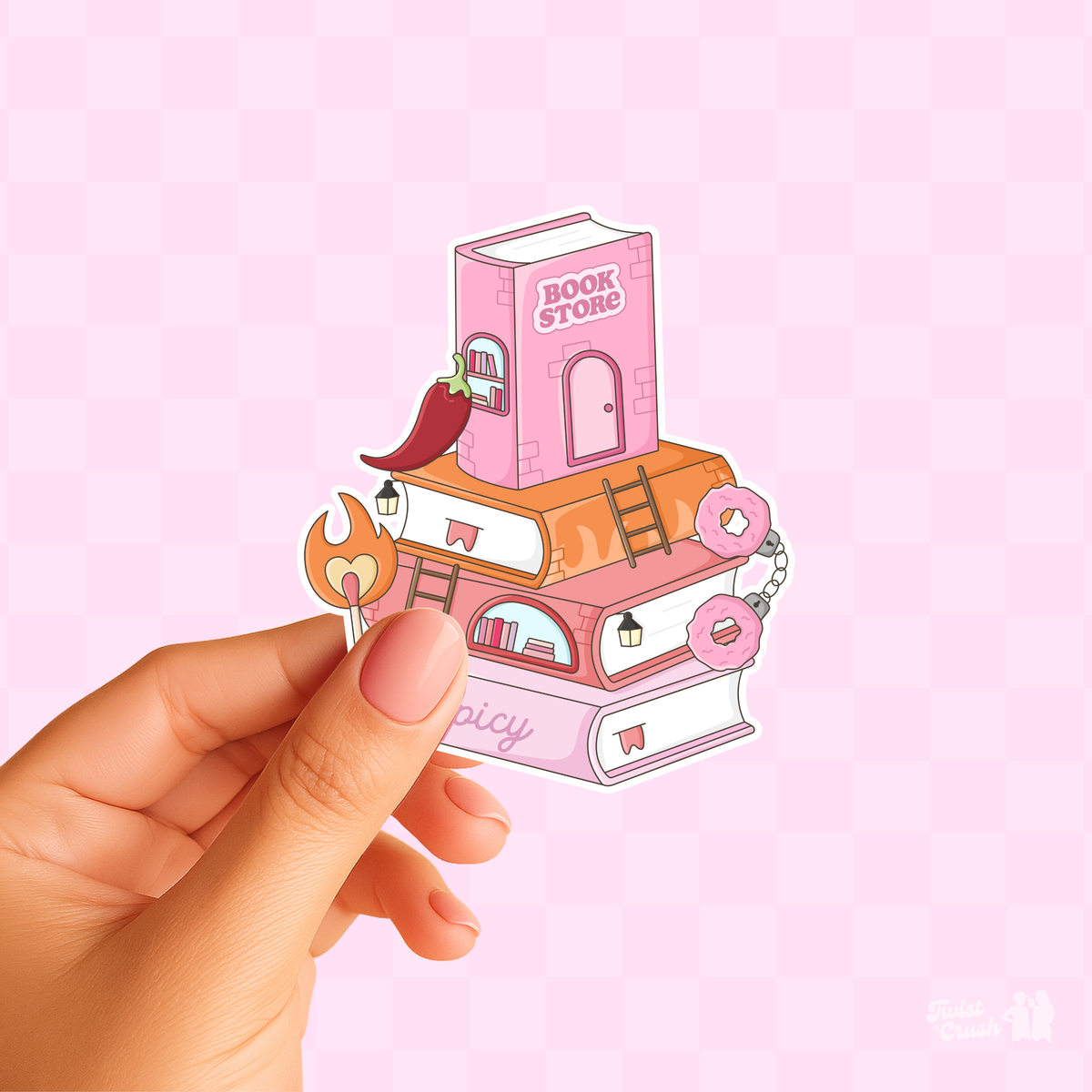Book lover sticker sheet with cartoon bookstore stack, held by a hand