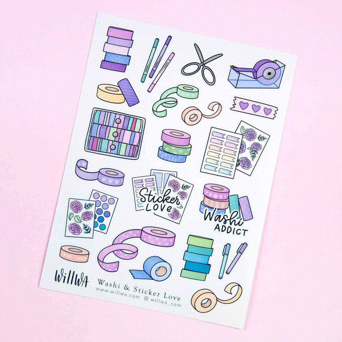 Washi sticker sheet with purple stationery icons, tape rolls, heart labels and decorative frames