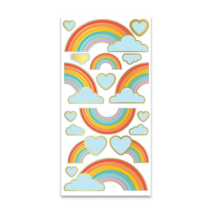 Rainbow sticker sheet with layered rainbow arcs, clouds, and small heart outlines