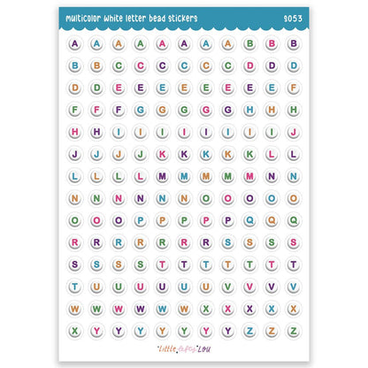 Multicolor letter bead alphabet sticker sheet with bead-style letters and numbers