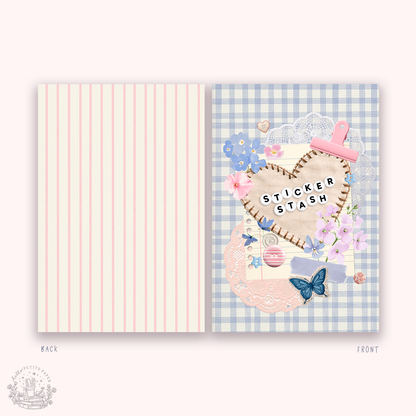Reusable sticker storage notebook front and back covers: blue gingham with florals, pink stripes