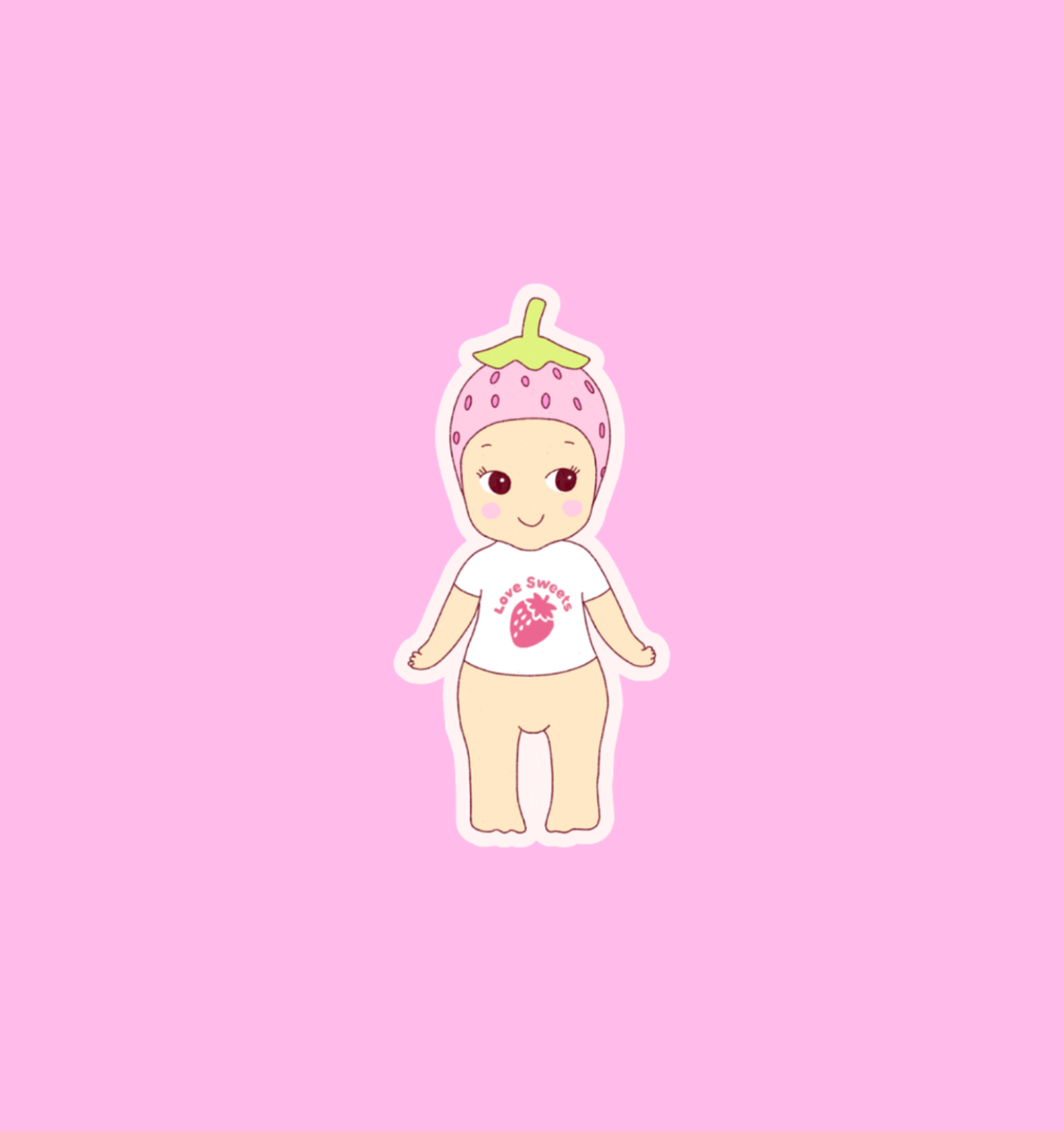 Holographic strawberry baby sticker with smiling face and pink strawberry hood
