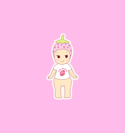 Holographic strawberry baby sticker with smiling face and pink strawberry hood