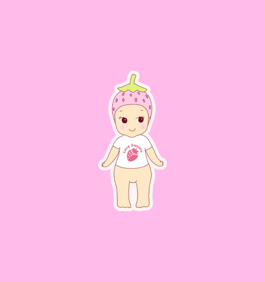 Holographic strawberry baby sticker with smiling face and pink strawberry hood