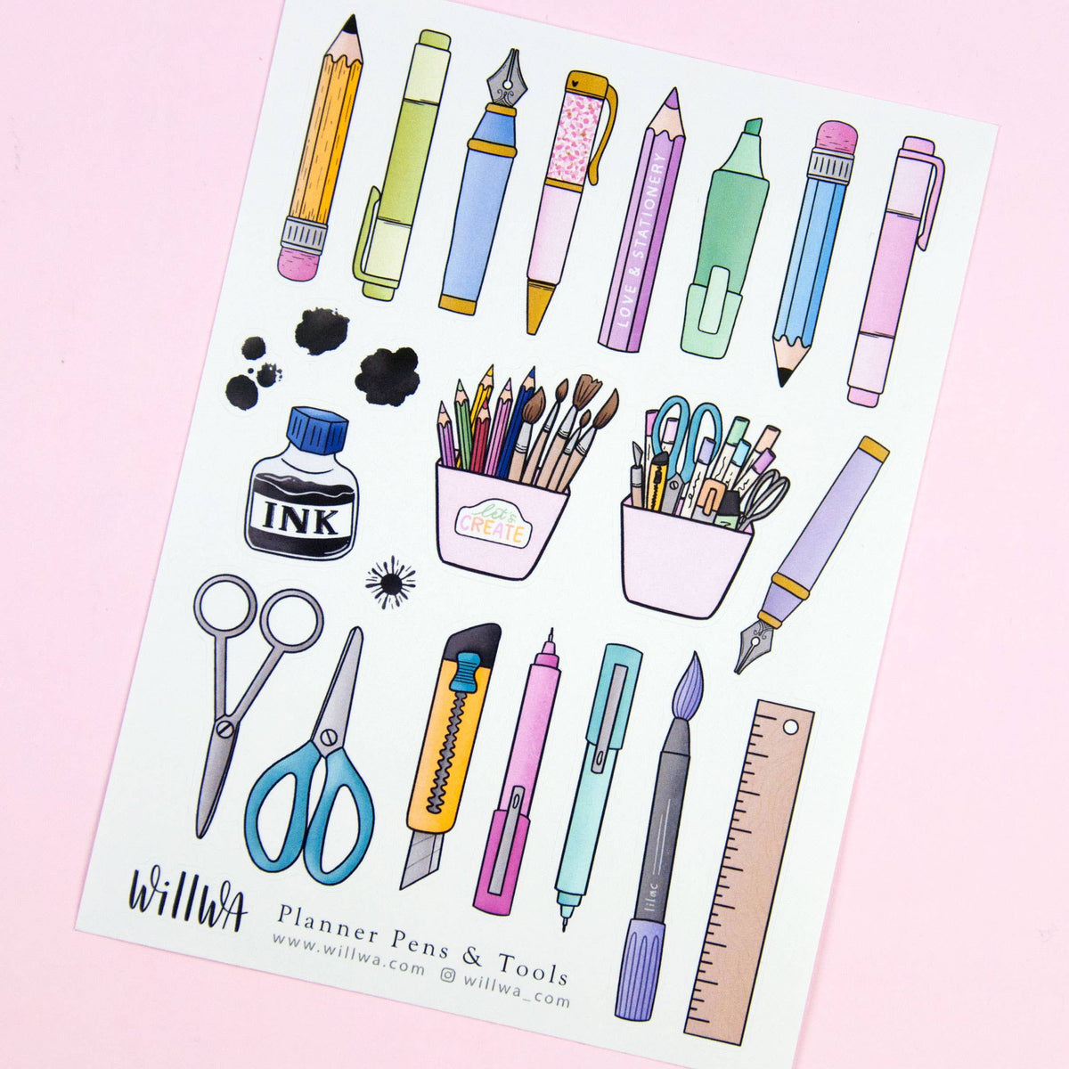 Planner pens and tools sticker sheet featuring pens, pencils, ink bottle, scissors