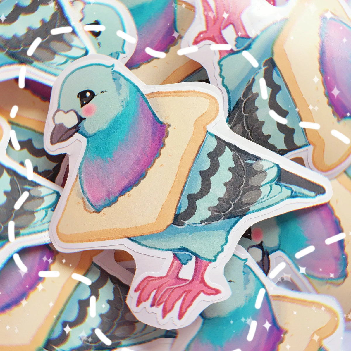 Large vinyl sticker of a pastel pigeon with wings and heart accents