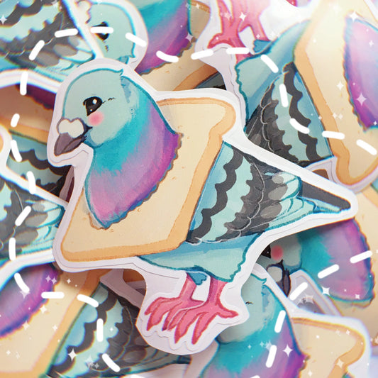 Large vinyl sticker of a pastel pigeon with wings and heart accents