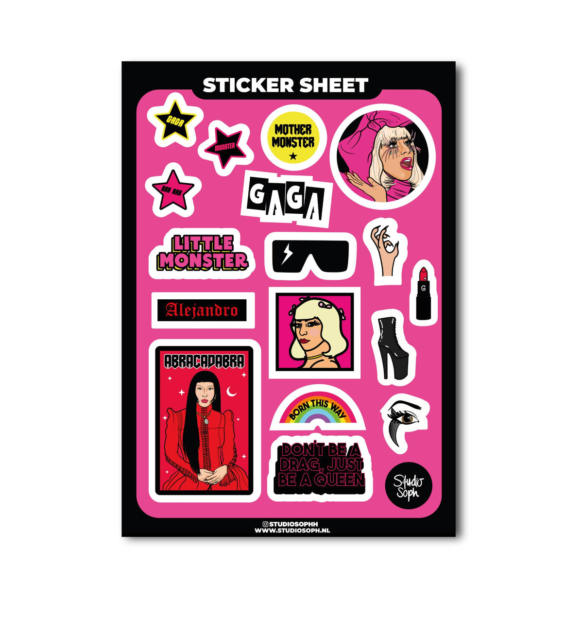 Mother Monster A5 sticker sheet with colorful character icons on pink with black border