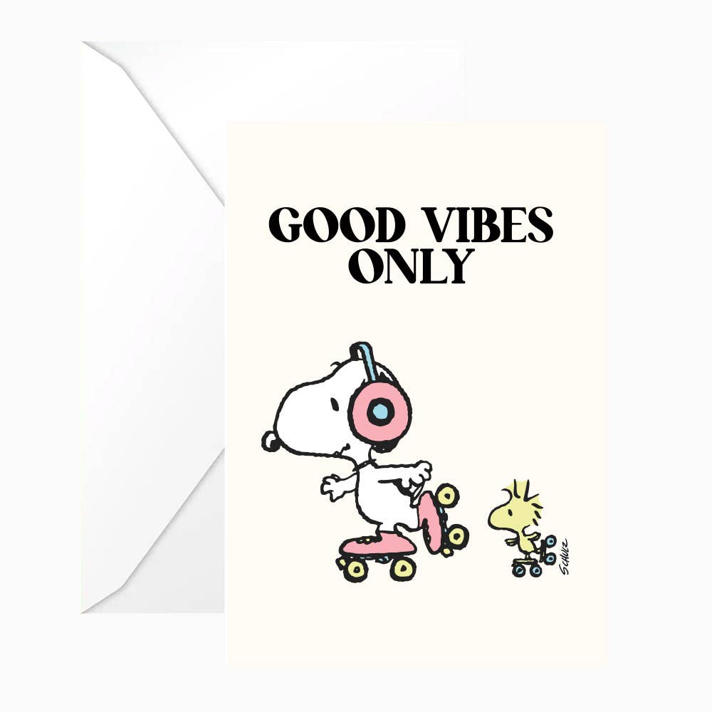 Snoopy greeting card with 'Good Vibes Only' skateboard graphic, includes white envelope