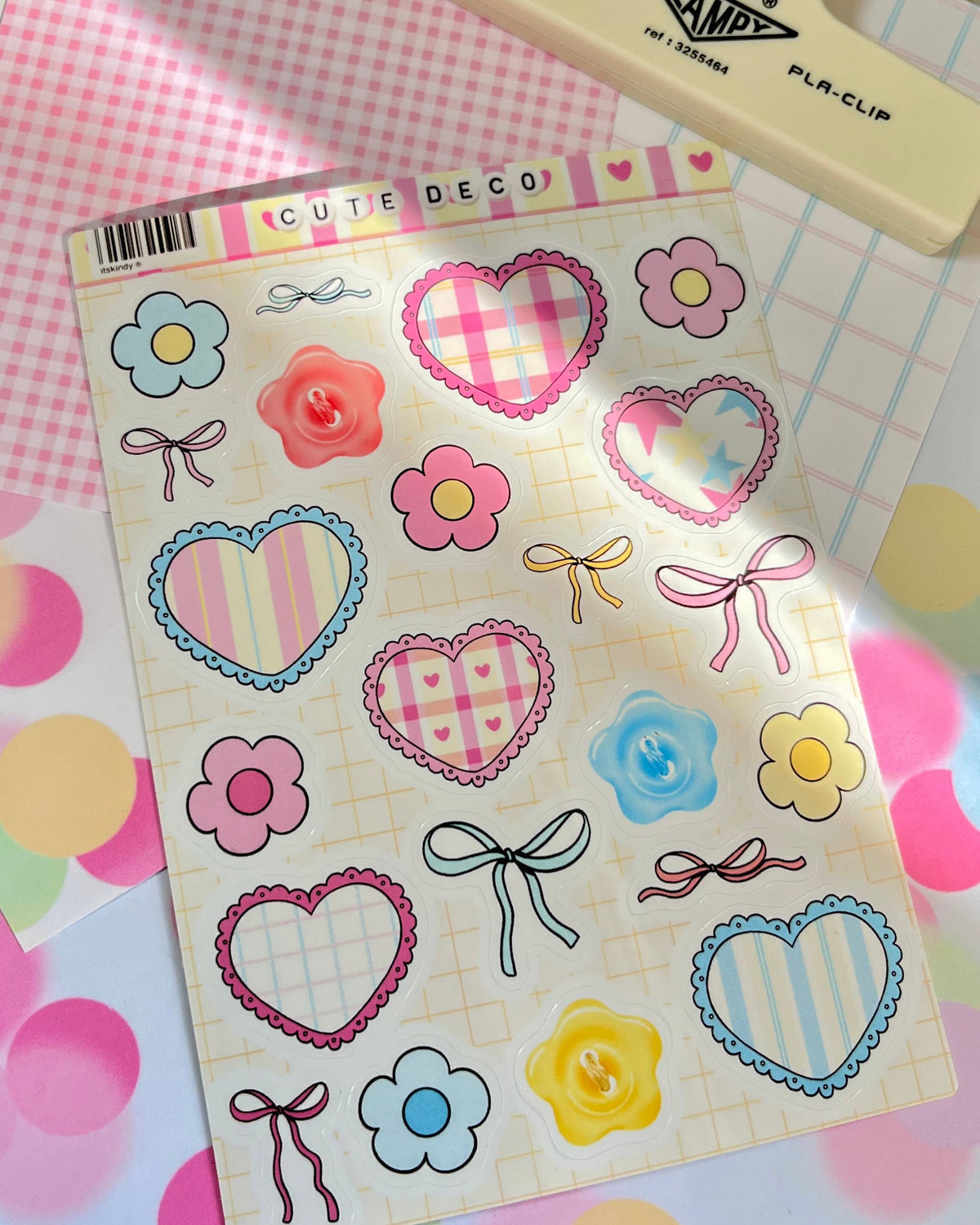 Cute Deco sticker sheet featuring colorful heart, flower, bow, and swirl stickers