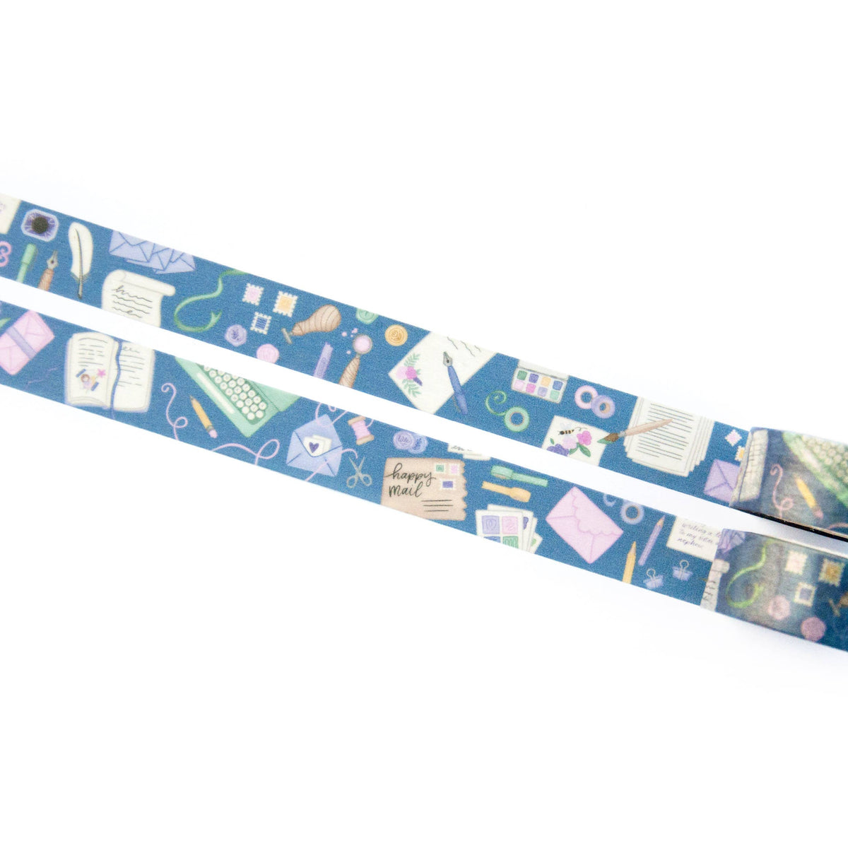 Blue washi tape strip angled across frame, showing stationery icons and tools.
