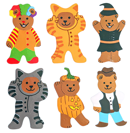 Set of glossy Halloween animal stickers with six bear characters in costumes