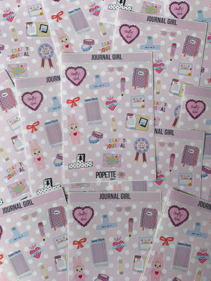 Multiple A5 journal-themed sticker sheets with hearts, notebooks, pens, and gift bows pattern