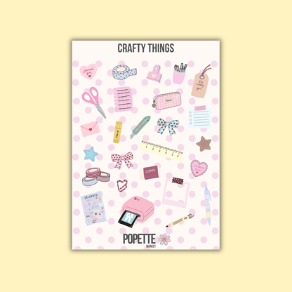 A5 sticker sheet with pastel craft symbols on white base, pink accents