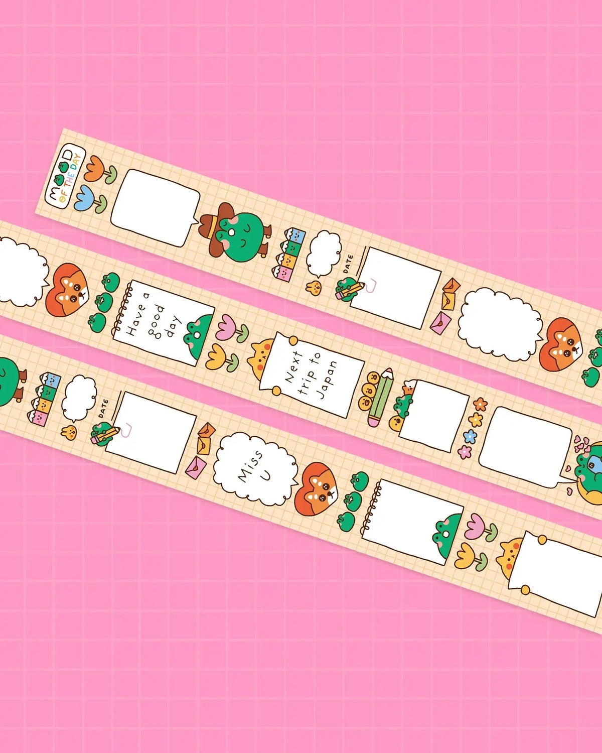 Washi tape with cactus and hedgehog icons, multicolor label blocks