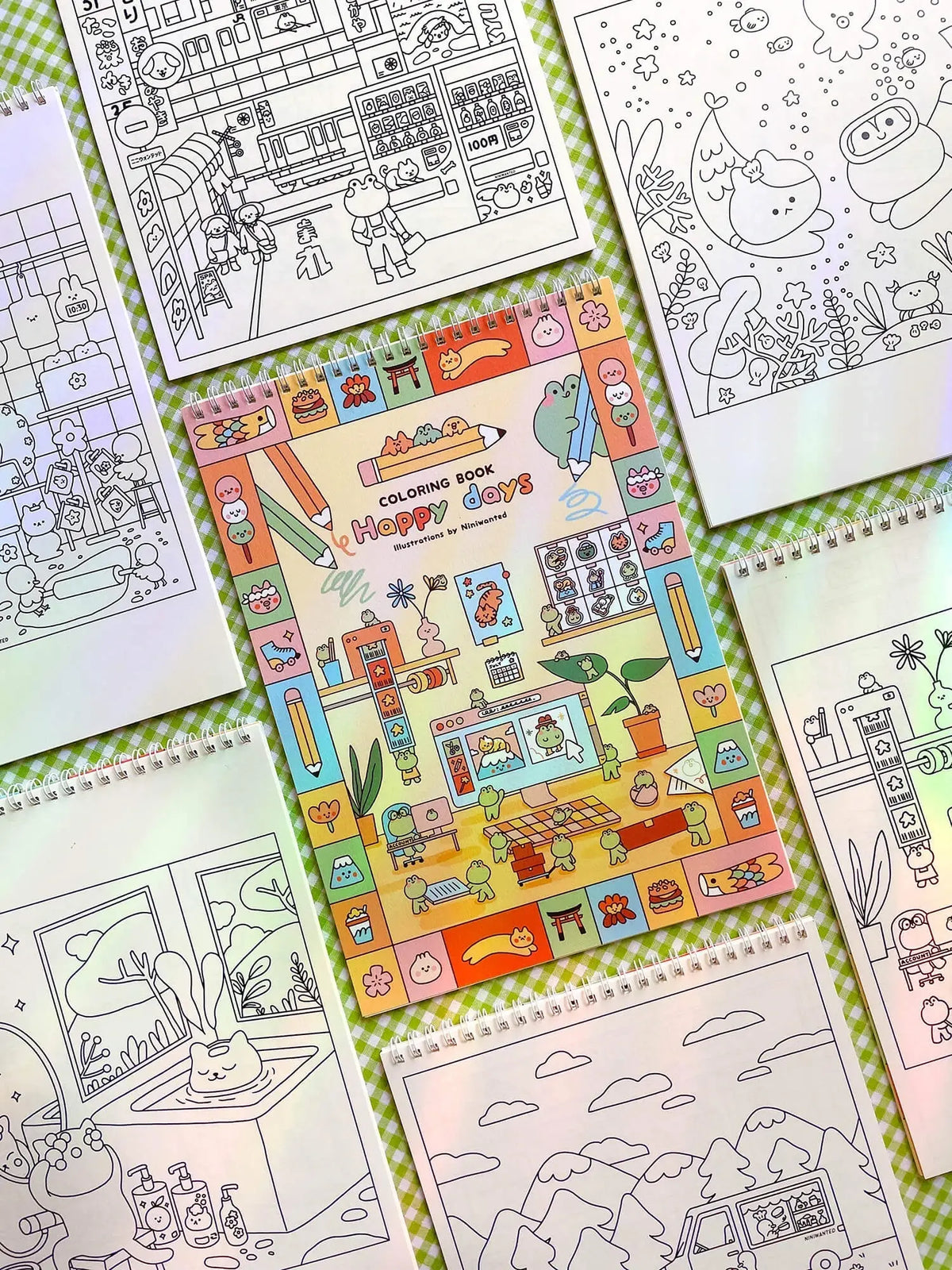 Happy Days coloring book pages with colorful interior scenes and line-art outlines, spiral-bound