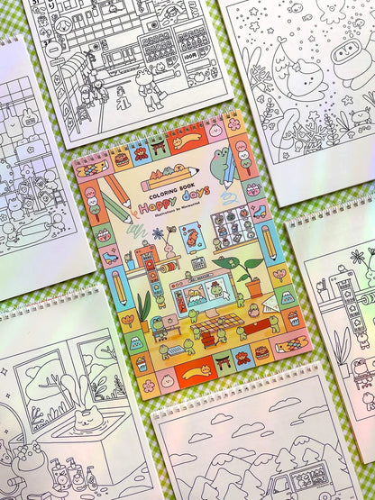 Happy Days coloring book pages with colorful interior scenes and line-art outlines, spiral-bound