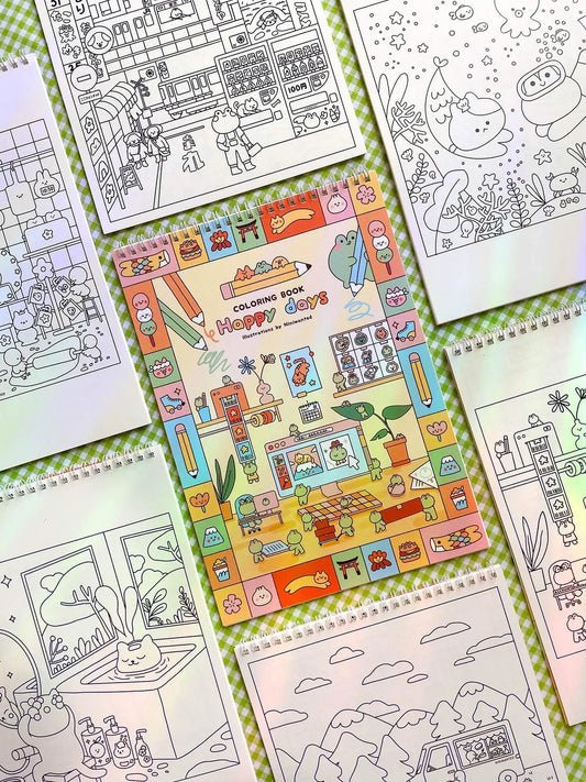 Happy Days coloring book pages with colorful interior scenes and line-art outlines, spiral-bound
