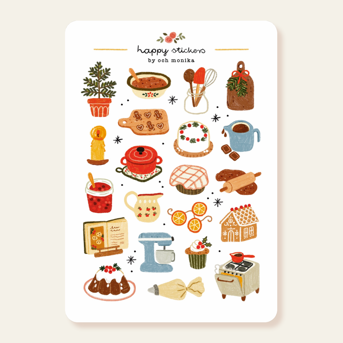 Winter baking sticker sheet featuring holiday food illustrations, including teapot and cake