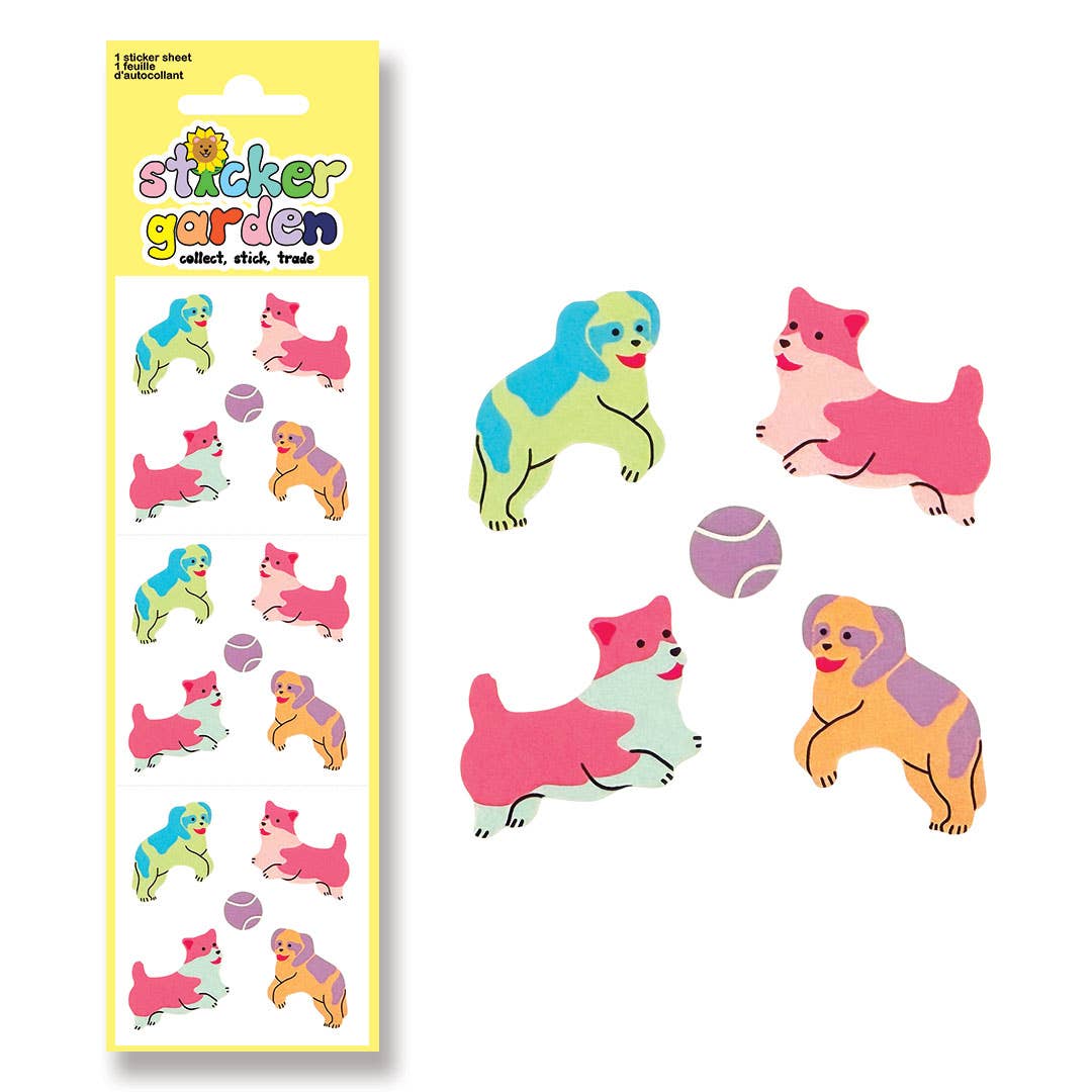 Dog sticker sheet with pastel fetch dogs and ball, vintage style, cutout designs