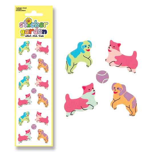 Dog sticker sheet with pastel fetch dogs and ball, vintage style, cutout designs