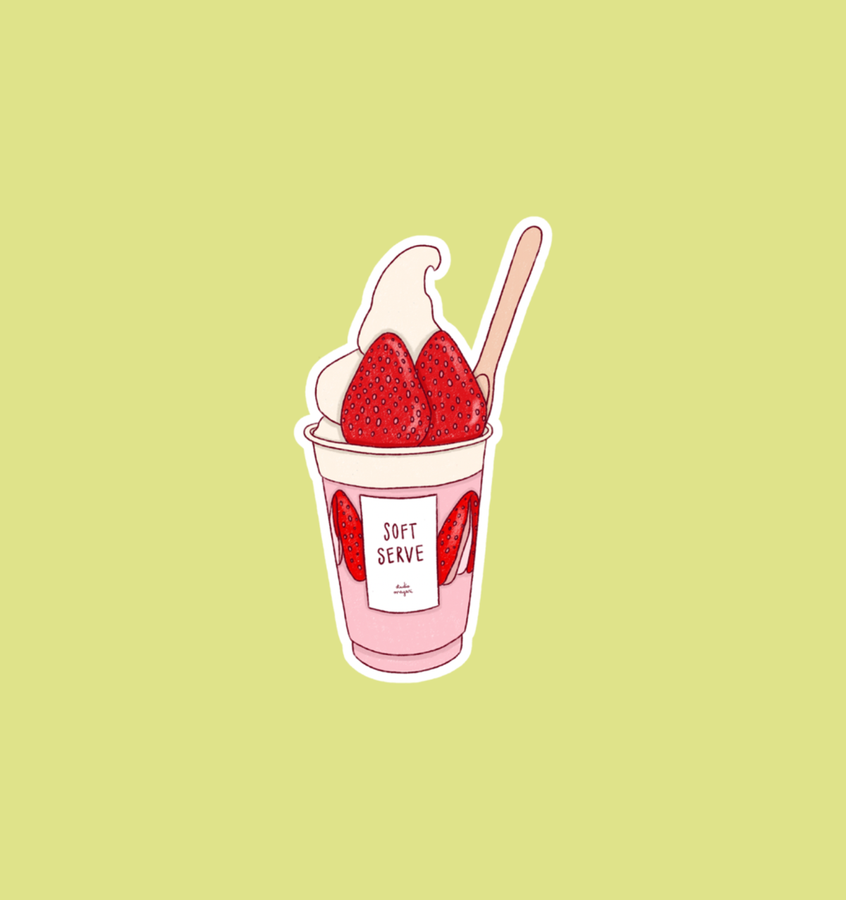 Soft serve cup sticker, pink with red sprinkles and white outline