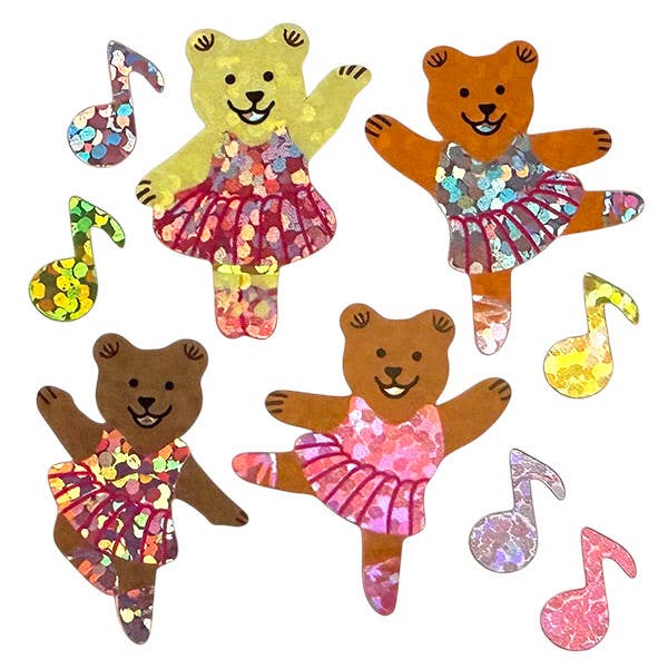 Set of ballerina bear stickers with glittery dresses and pastel heart motifs