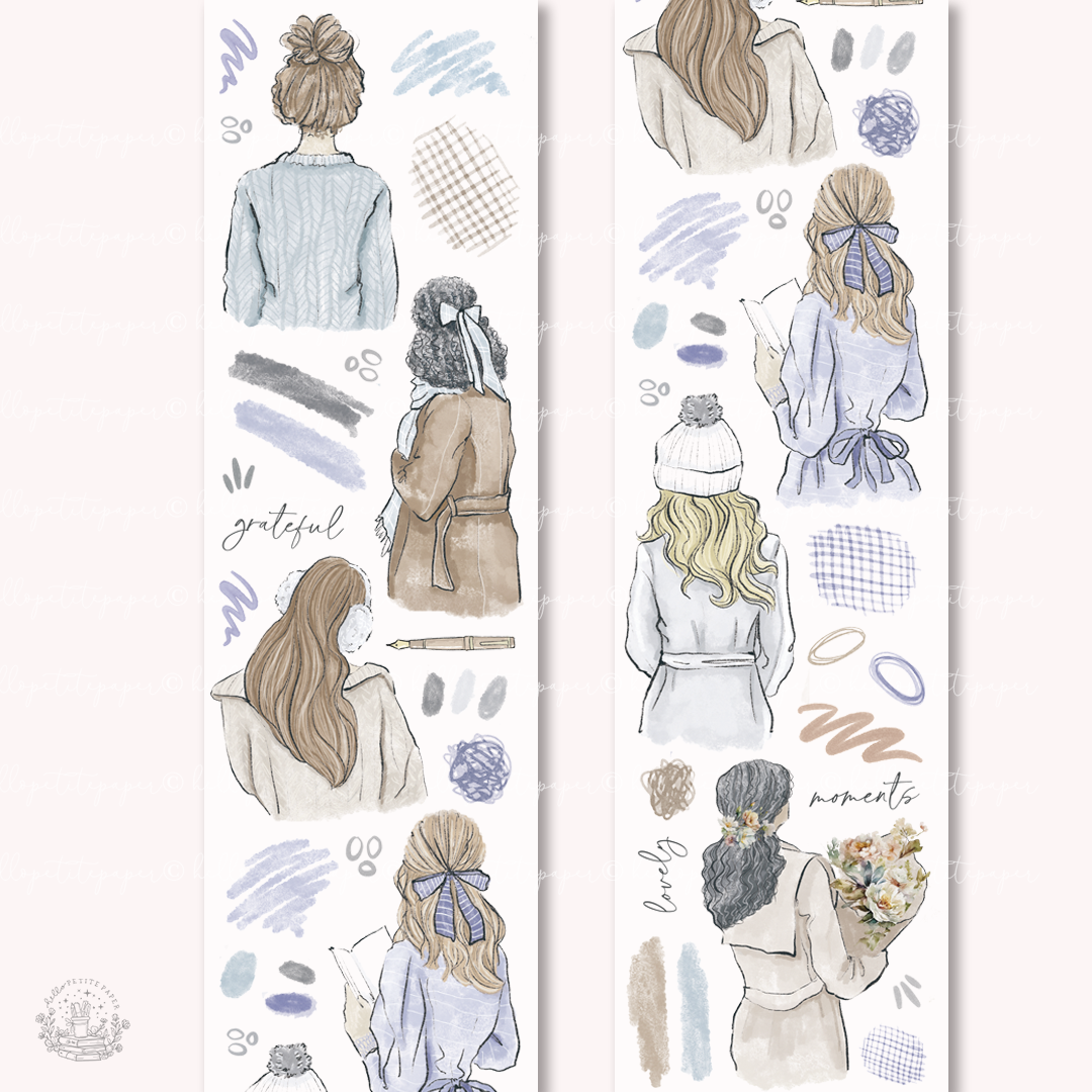 Cool PET tape with illustrated girls, bows, and paw prints in blue and gray