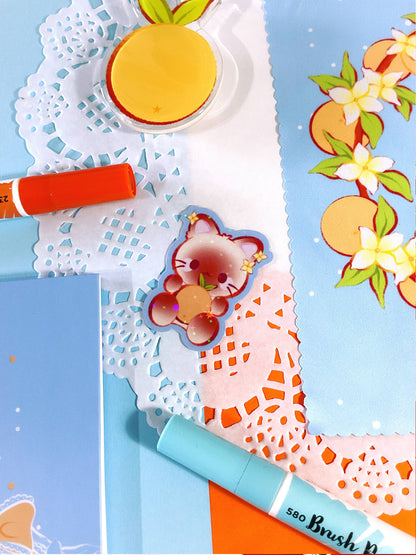 Holographic sticker set with orange circle, bear character, and floral decals