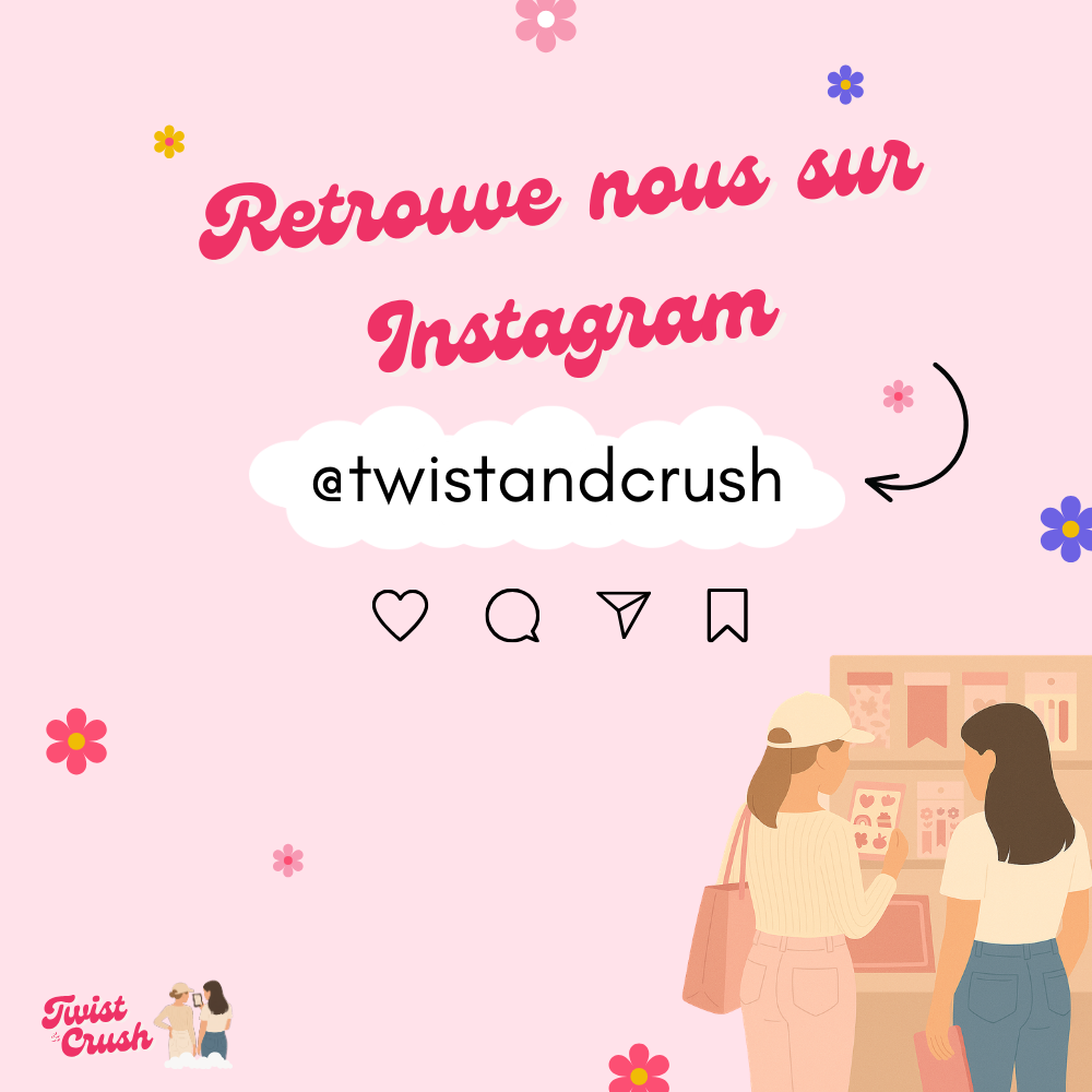 Pink social media graphic with @twistandcrush handle, icons, and two illustrated people