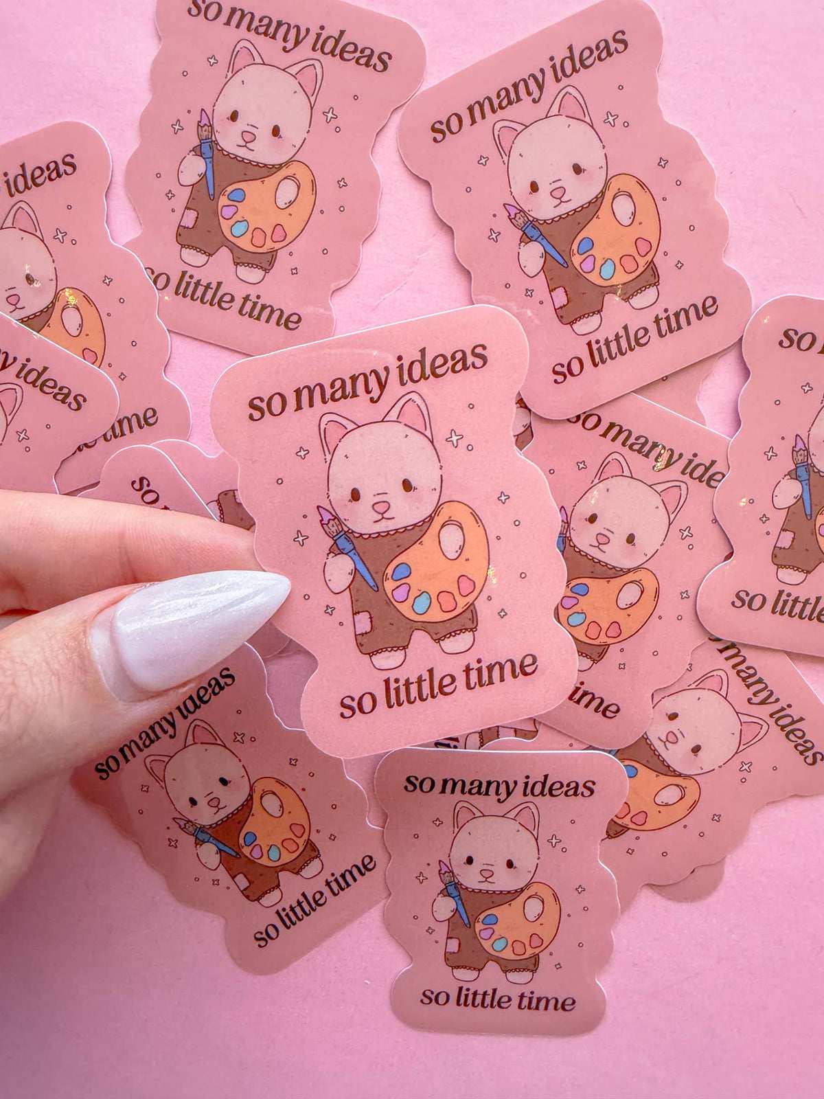 So Many Ideas vinyl stickers: pink cat with art palette, text 'so many ideas' 'so little time'