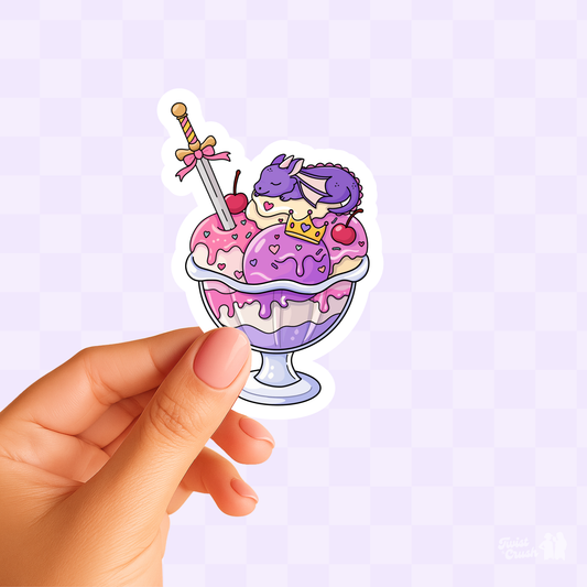 Handheld sticker of cute purple-haired girl in a pink sundae cup with spoon