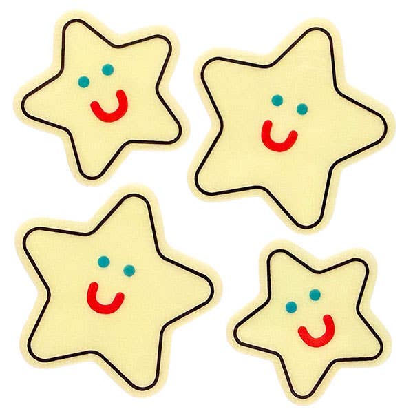 Glow-in-the-dark smiling star stickers set: yellow stars with blue dots and red faces