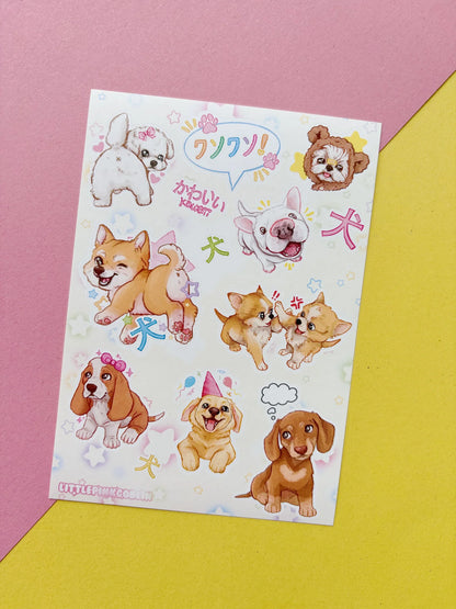 Sticker sheet with colorful puppy illustrations and Japanese-style icons
