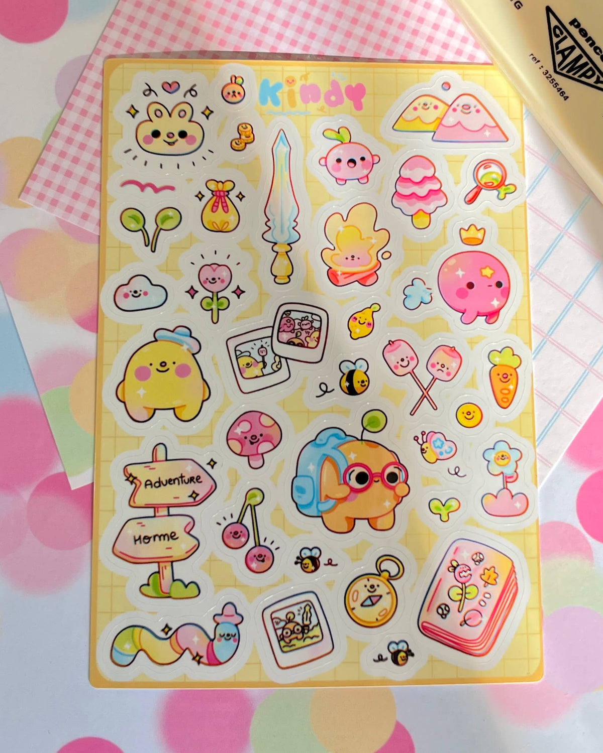Adventure awaits sticker sheet with kawaii characters, hearts, and cute objects