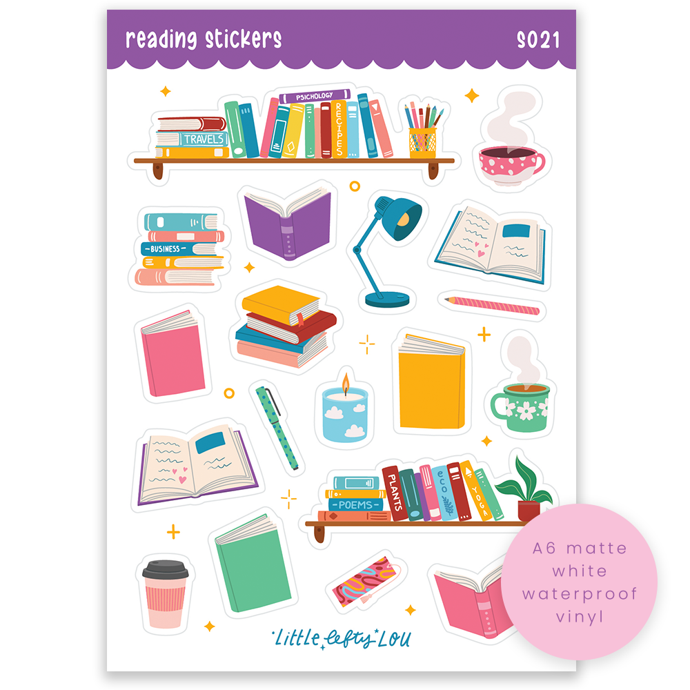A6 matte white waterproof sticker sheet with reading icons, books, desk, lamp