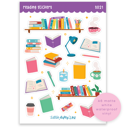 A6 matte white waterproof sticker sheet with reading icons, books, desk, lamp