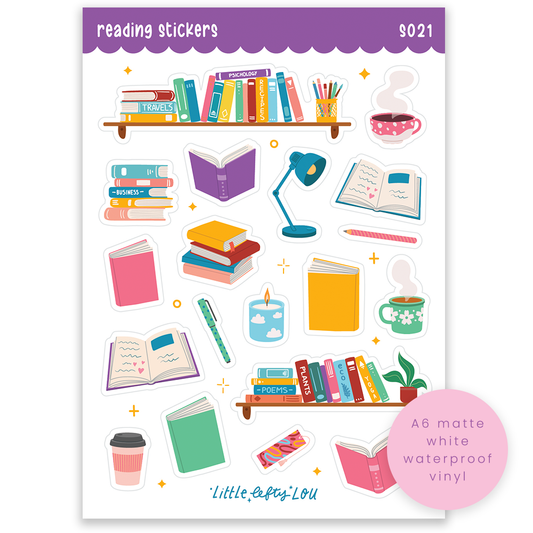 A6 matte white waterproof sticker sheet with reading icons, books, desk, lamp