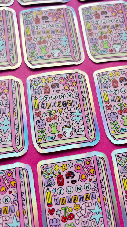 Holographic vinyl sticker sheet with multiple junk journal doodle designs and heart icons