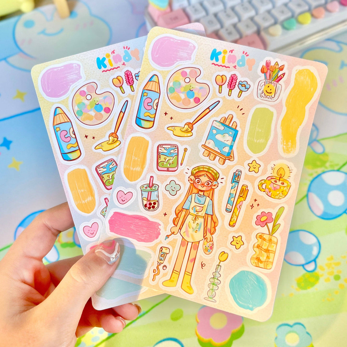 Two kids sticker sheets with cartoon artist girl, crayons, paints, and flower icons