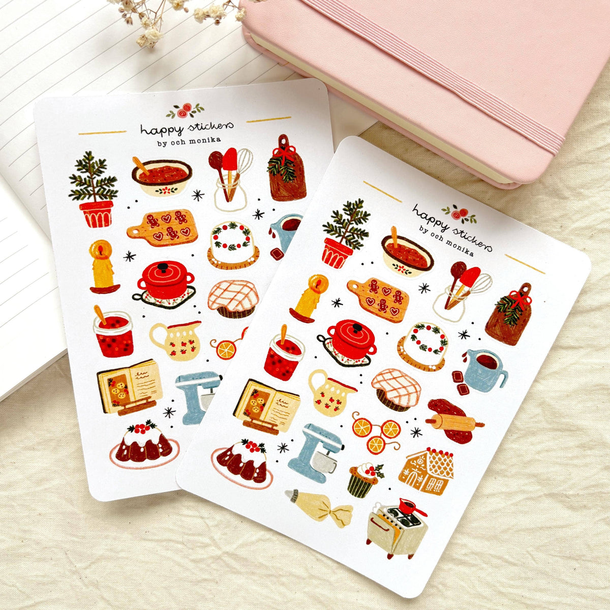 Set of winter baking sticker sheets on paper, featuring illustrated holiday baking icons