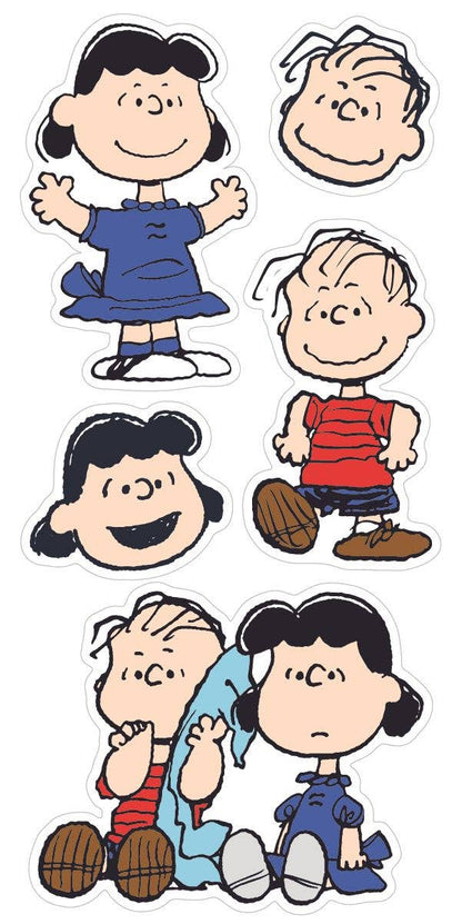 Sticker sheet featuring Lucy and Linus character cutout stickers with white borders