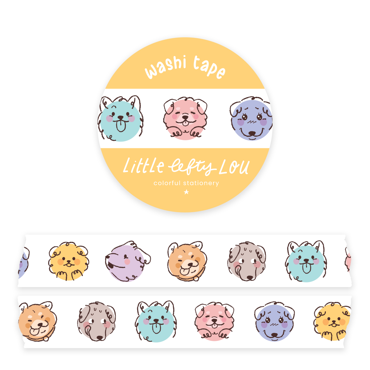Washi tape roll labeled Little lefty-Lou with dog-face icons