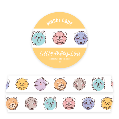 Washi tape roll labeled Little lefty-Lou with dog-face icons