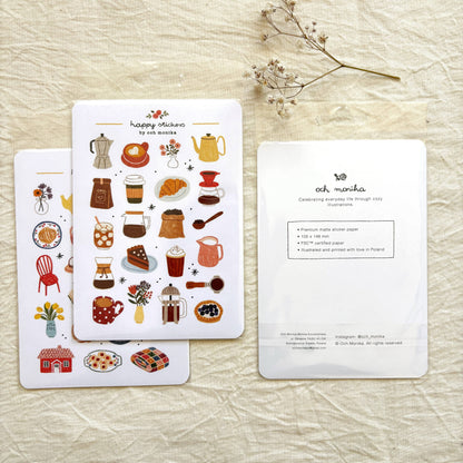 Sticker sheet and backing card with coffee-themed icons and small printed details on white