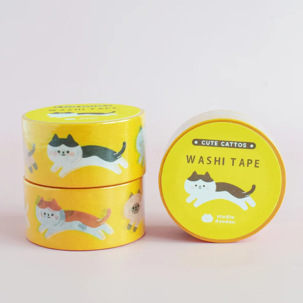 Yellow washi tape rolls with cute cat prints, 20mm x 10m